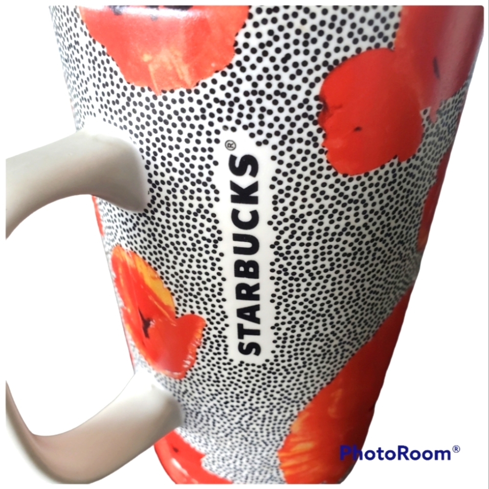 Starbucks 2015 Red Poppies Black Dot Collection Floral 16Oz Tall Coffee Mug Cup
